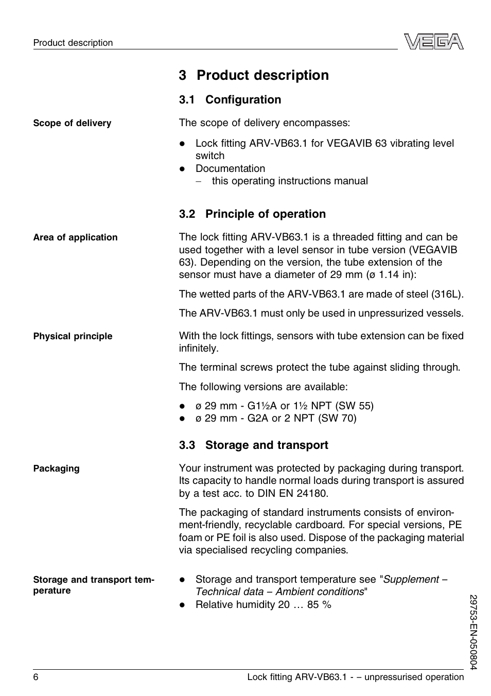 3 product description, 1 configuration, 2 principle of operation | 3 storage and transport | VEGA VEGAVIB 63 Lock ﬁtting ARV-VB63.1 – unpressurised operation User Manual | Page 6 / 12