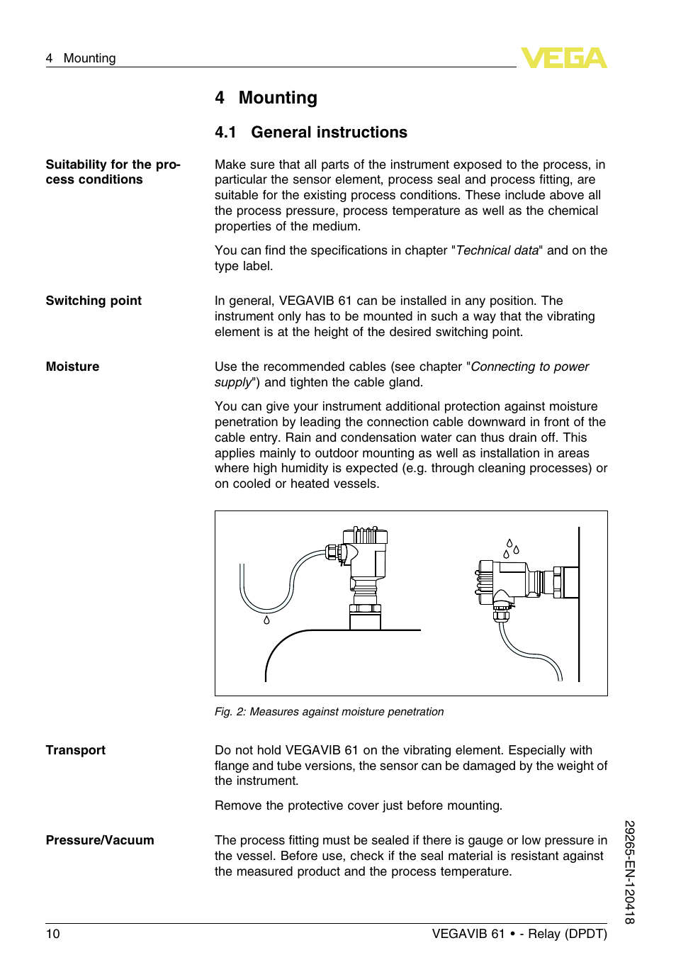 4 mounting, 1 general instructions, 4mounting | VEGA VEGAVIB 61 - Relay (DPDT) User Manual | Page 10 / 36