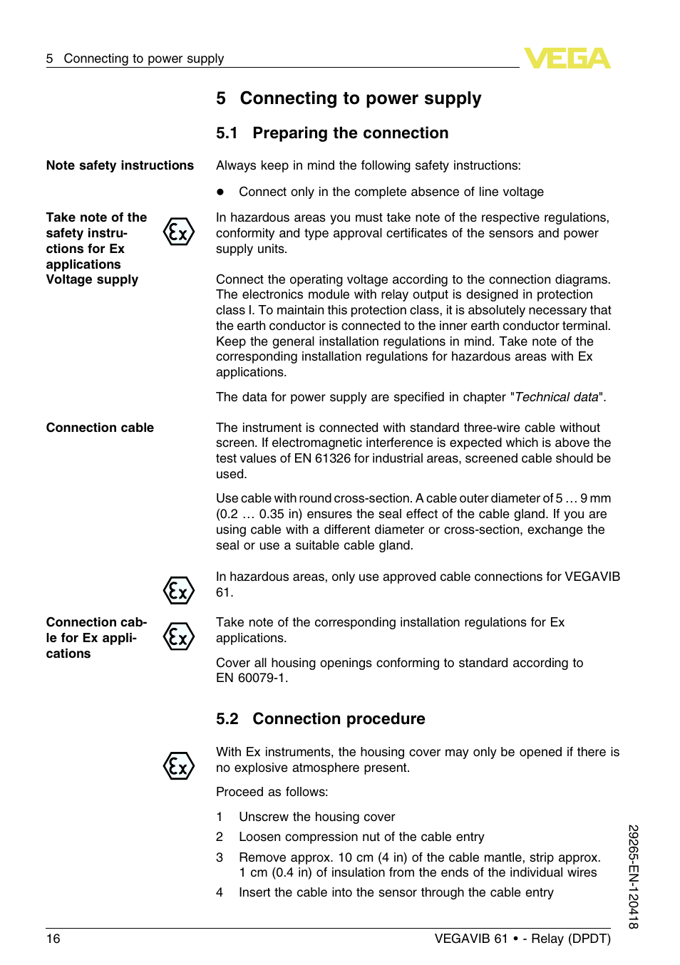 5 connecting to power supply, 1 preparing the connection, 2 connection procedure | 5connecting to power supply | VEGA VEGAVIB 61 - Relay (DPDT) User Manual | Page 16 / 36