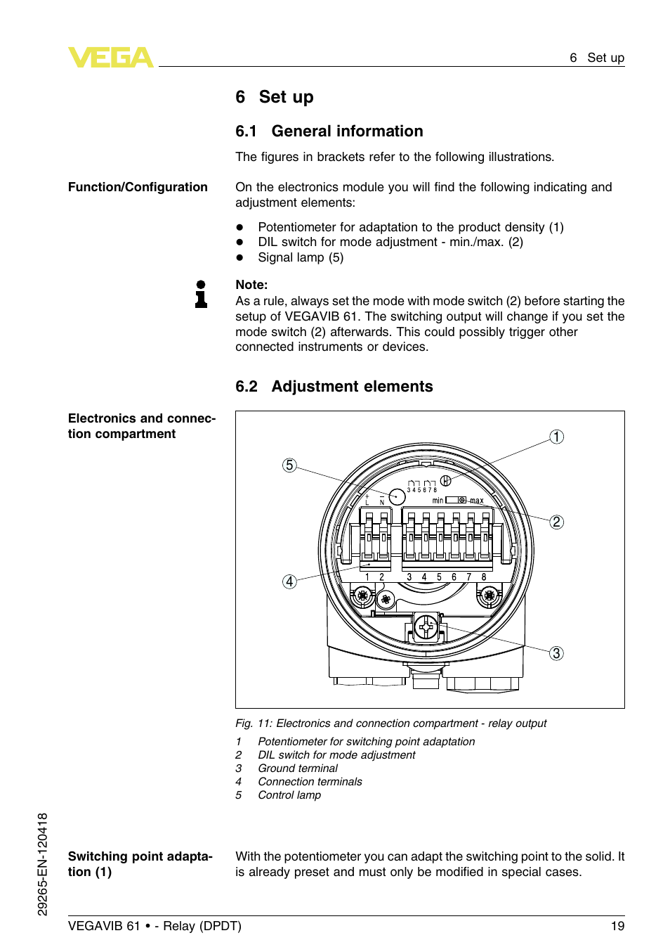 6 set up, 1 general information, 2 adjustment elements | 6set up | VEGA VEGAVIB 61 - Relay (DPDT) User Manual | Page 19 / 36