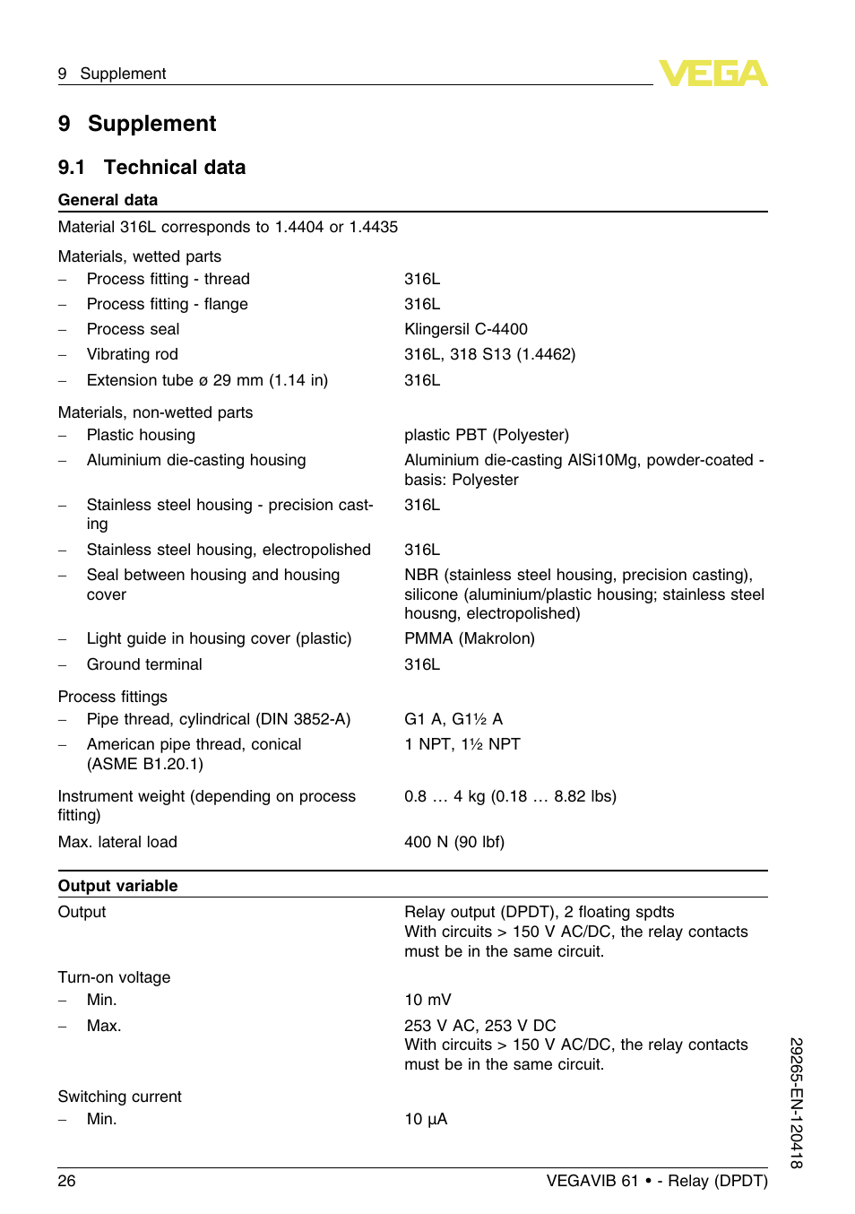 9 supplement, 1 technical data, 9supplement | VEGA VEGAVIB 61 - Relay (DPDT) User Manual | Page 26 / 36