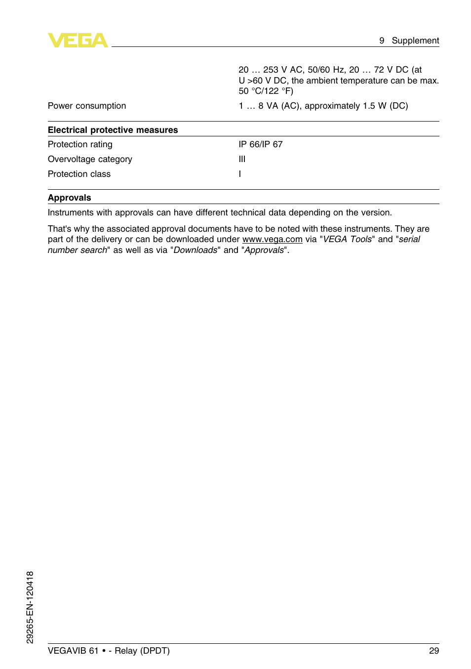 VEGA VEGAVIB 61 - Relay (DPDT) User Manual | Page 29 / 36