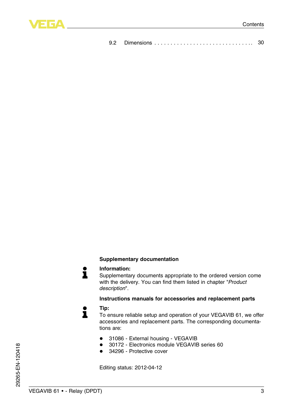 VEGA VEGAVIB 61 - Relay (DPDT) User Manual | Page 3 / 36