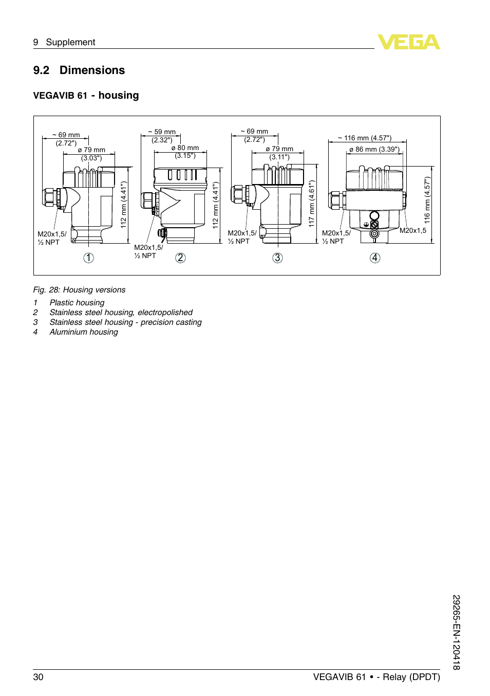 2 dimensions, Housing 3 2 1 4, Vegavib 61 | VEGA VEGAVIB 61 - Relay (DPDT) User Manual | Page 30 / 36