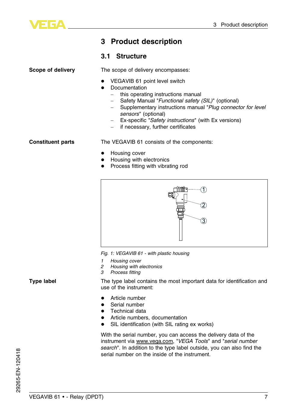 3 product description, 1 structure, 3product description | VEGA VEGAVIB 61 - Relay (DPDT) User Manual | Page 7 / 36