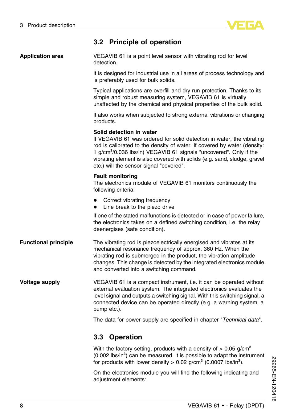2 principle of operation, 3 operation | VEGA VEGAVIB 61 - Relay (DPDT) User Manual | Page 8 / 36