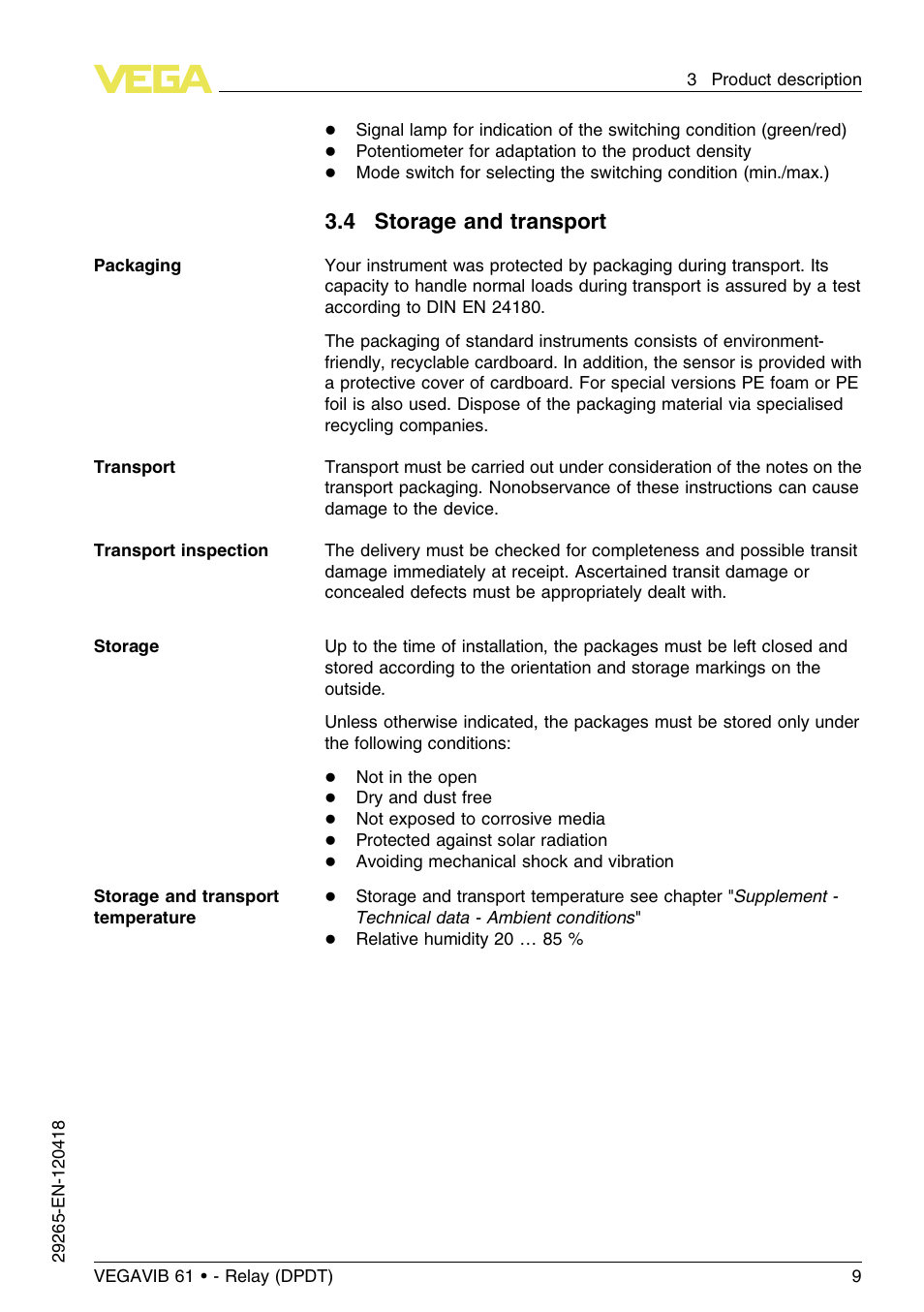 4 storage and transport | VEGA VEGAVIB 61 - Relay (DPDT) User Manual | Page 9 / 36