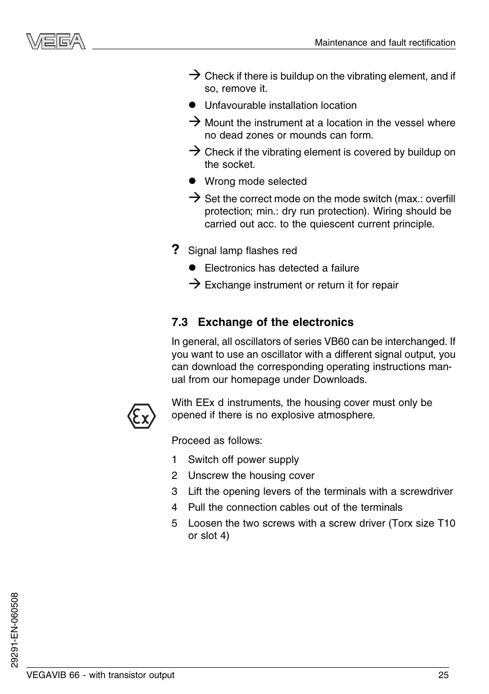 3 exchange of the electronics | VEGA VEGAVIB 66 - transistor output User Manual | Page 25 / 36