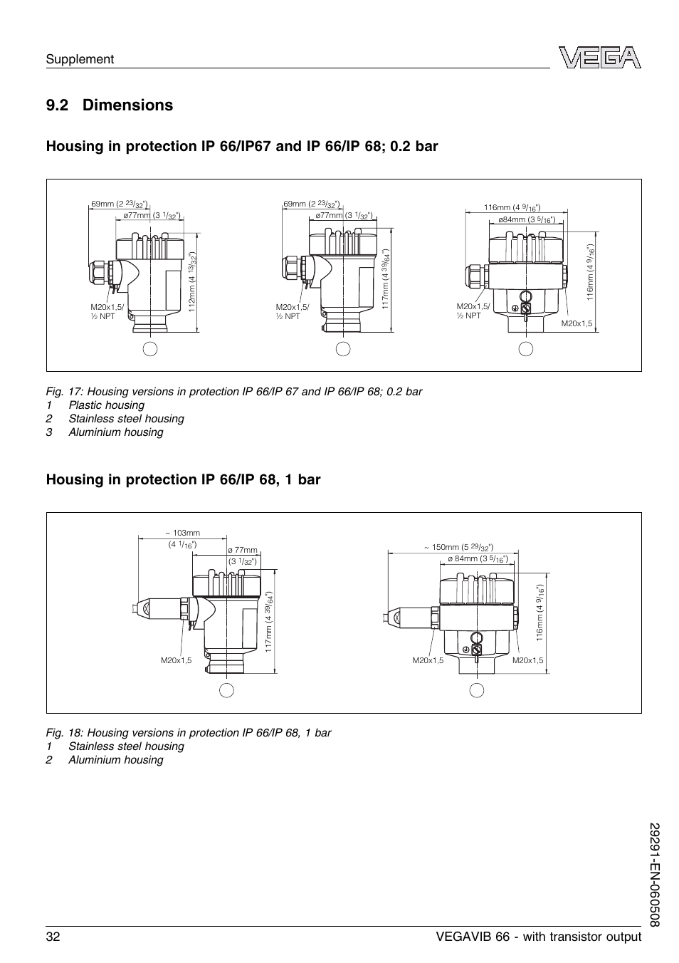 2 dimensions | VEGA VEGAVIB 66 - transistor output User Manual | Page 32 / 36