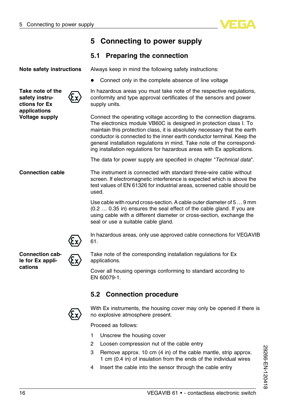 5 connecting to power supply, 1 preparing the connection, 2 connection procedure | 5connecting to power supply | VEGA VEGAVIB 61 - contactless electronic switch User Manual | Page 16 / 36