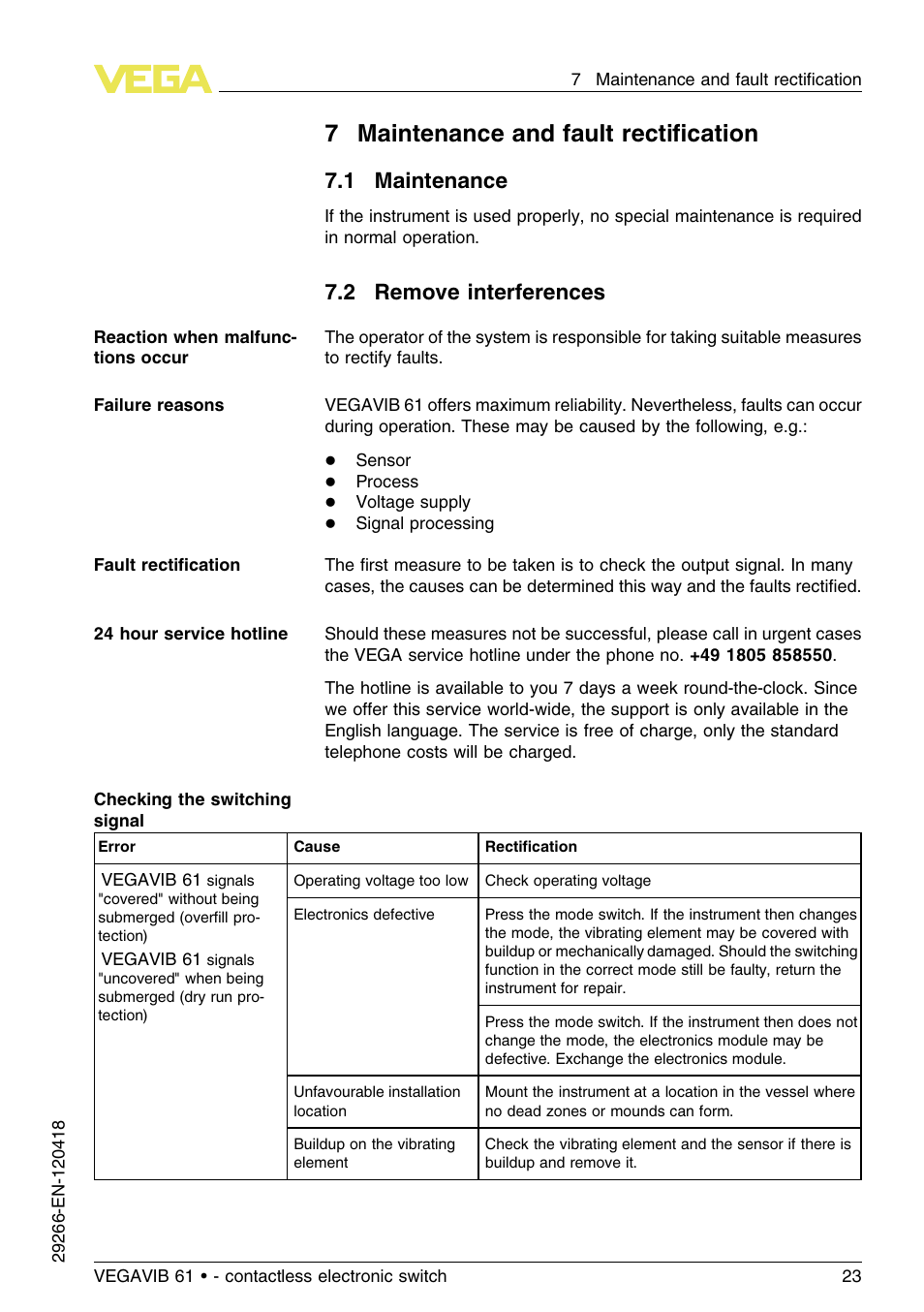 7 maintenance and fault rectification, 1 maintenance, 2 remove interferences | 7maintenance and fault rectiﬁcation | VEGA VEGAVIB 61 - contactless electronic switch User Manual | Page 23 / 36