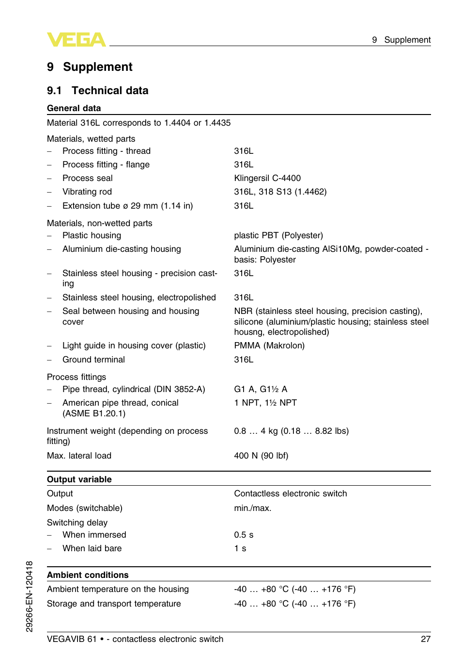9 supplement, 1 technical data, 9supplement | VEGA VEGAVIB 61 - contactless electronic switch User Manual | Page 27 / 36
