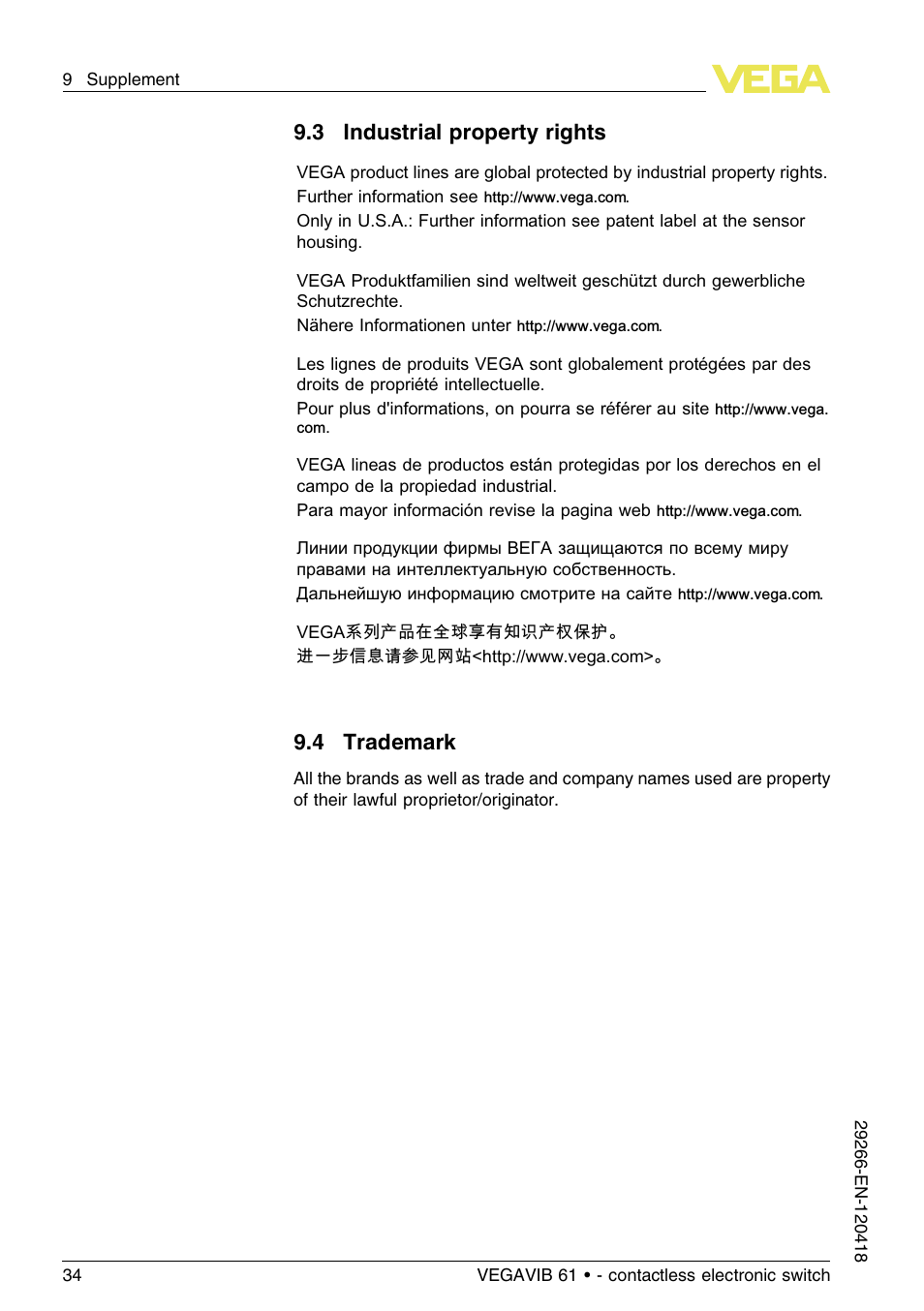 3 industrial property rights, 4 trademark | VEGA VEGAVIB 61 - contactless electronic switch User Manual | Page 34 / 36