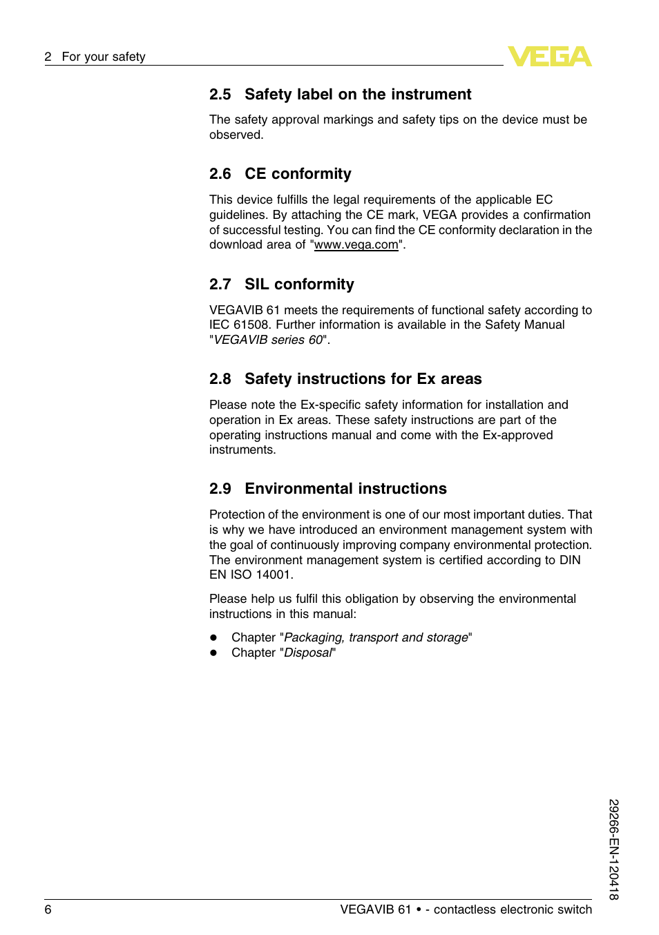 5 safety label on the instrument, 6 ce conformity, 7 sil conformity | 8 safety instructions for ex areas, 9 environmental instructions | VEGA VEGAVIB 61 - contactless electronic switch User Manual | Page 6 / 36