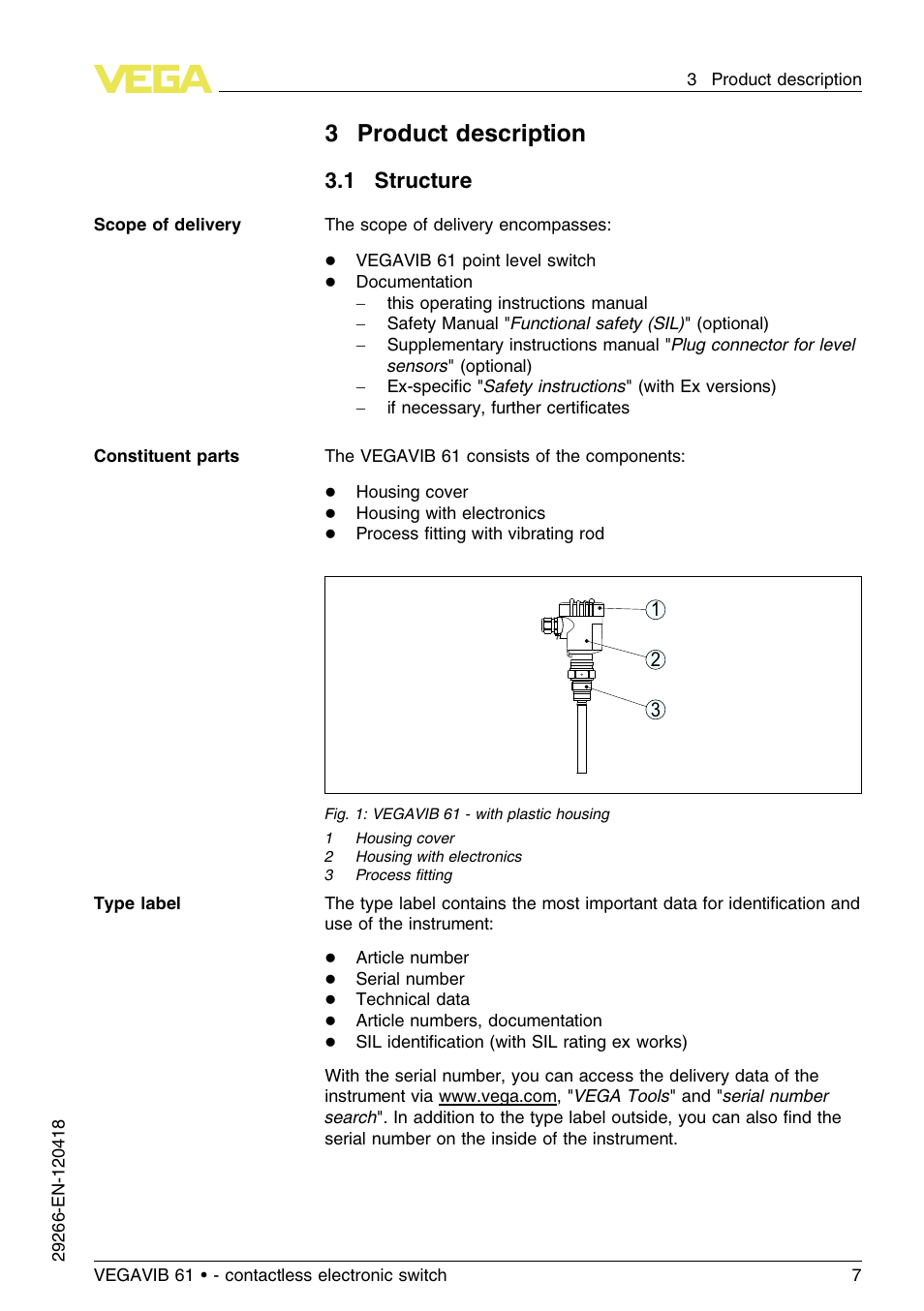 3 product description, 1 structure, 3product description | VEGA VEGAVIB 61 - contactless electronic switch User Manual | Page 7 / 36