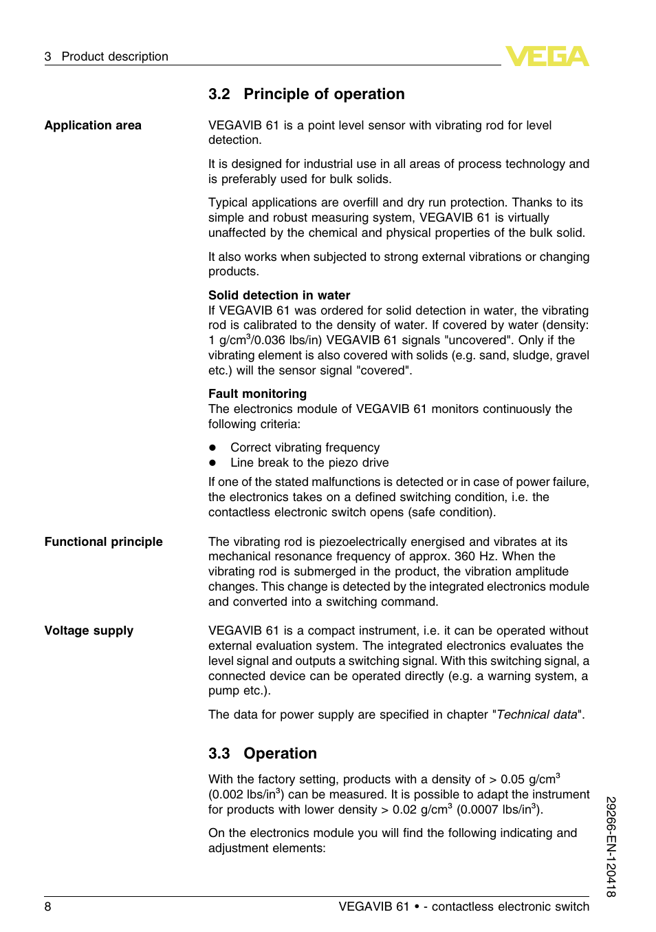 2 principle of operation, 3 operation | VEGA VEGAVIB 61 - contactless electronic switch User Manual | Page 8 / 36