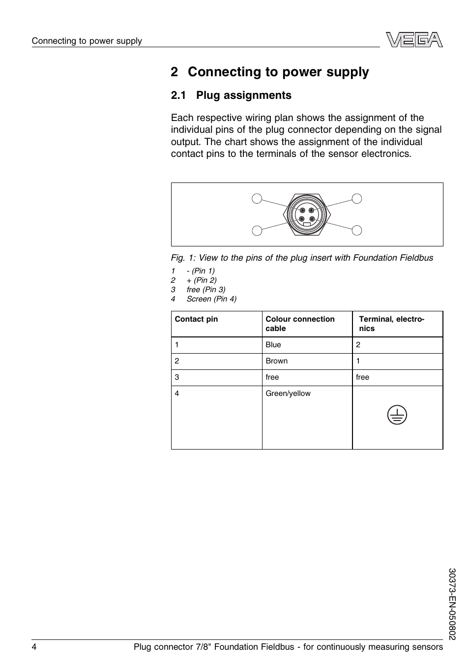 2 connecting to power supply, 1 plug assignments | VEGA Plug connector 7-8" Foundation Fieldbus for continuously measuring sensors User Manual | Page 4 / 8