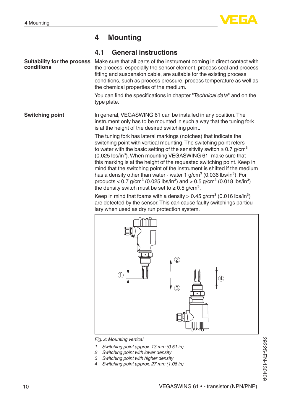 4 mounting, 1 general instructions | VEGA VEGASWING 61 - transistor (NPN-PNP) User Manual | Page 10 / 36