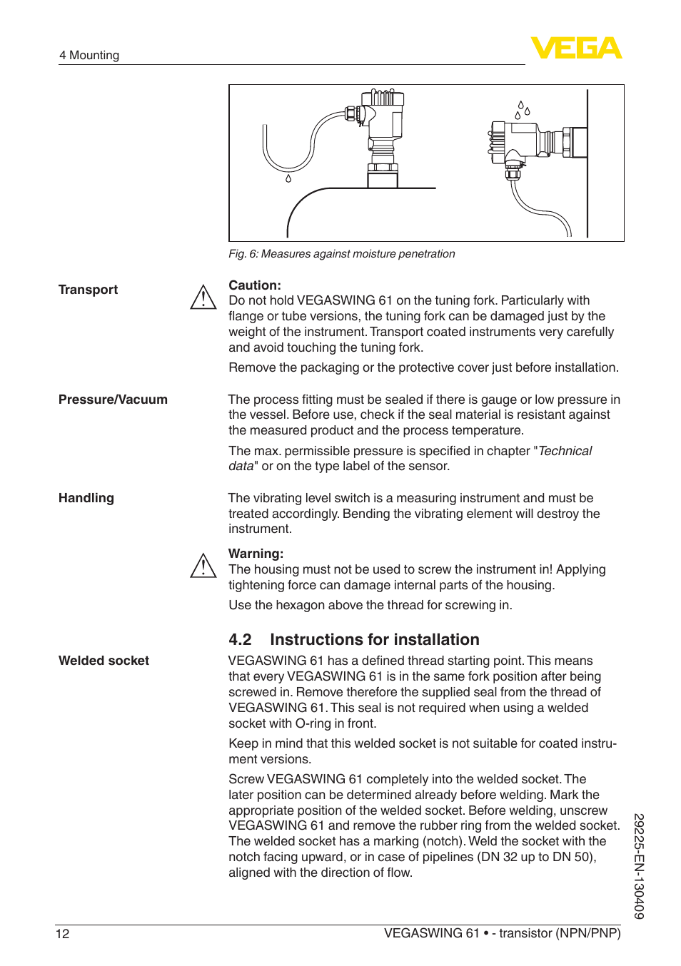 2 instructions for installation | VEGA VEGASWING 61 - transistor (NPN-PNP) User Manual | Page 12 / 36