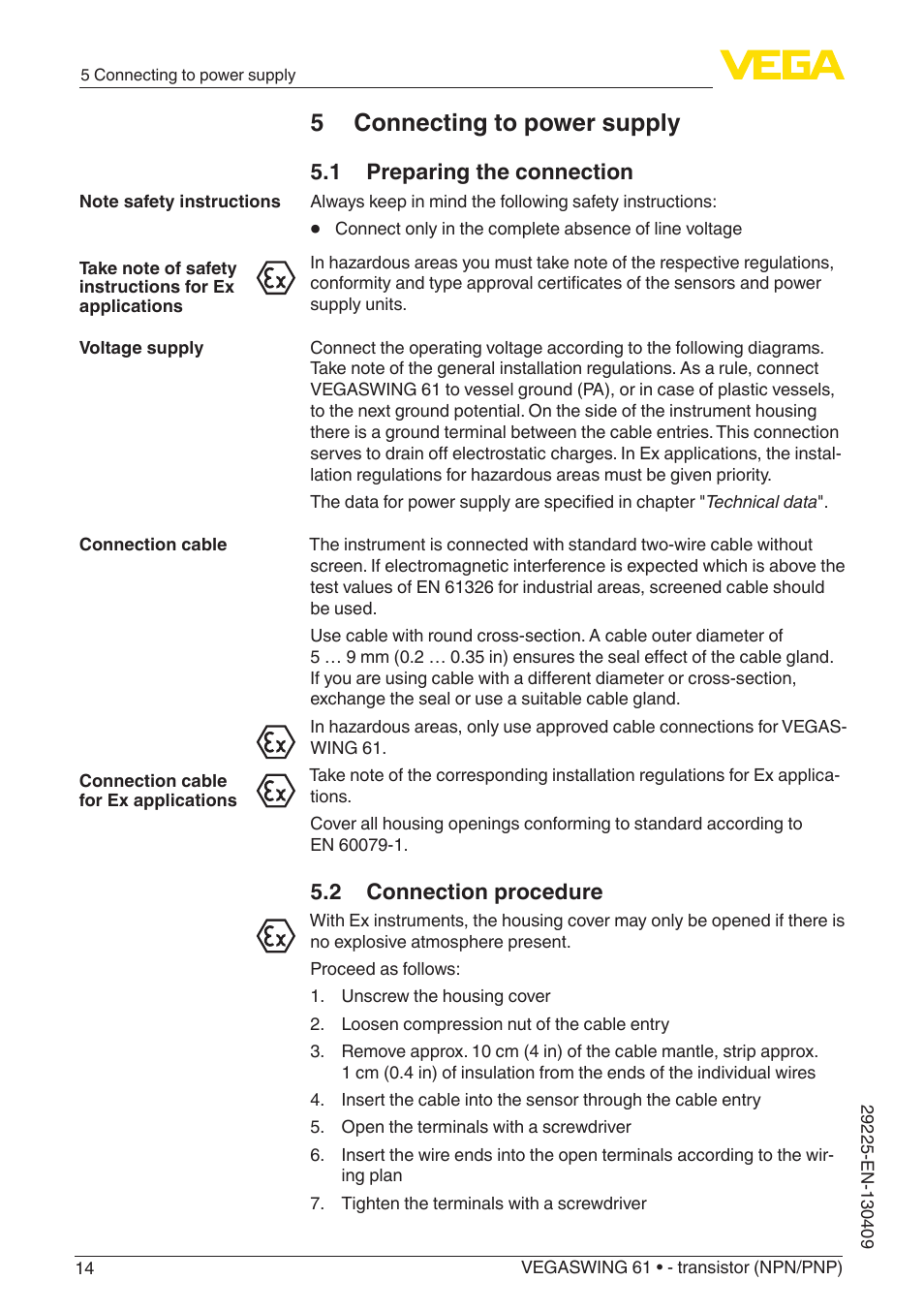 5 connecting to power supply, 1 preparing the connection, 2 connection procedure | VEGA VEGASWING 61 - transistor (NPN-PNP) User Manual | Page 14 / 36