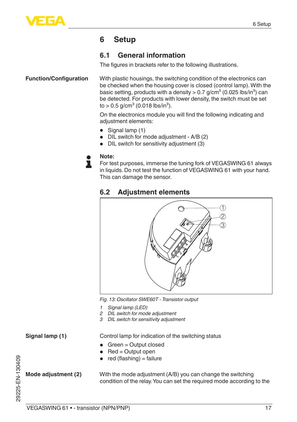 6 setup | VEGA VEGASWING 61 - transistor (NPN-PNP) User Manual | Page 17 / 36