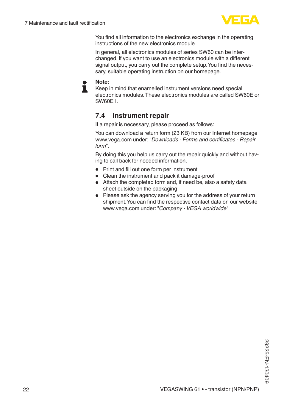 VEGA VEGASWING 61 - transistor (NPN-PNP) User Manual | Page 22 / 36