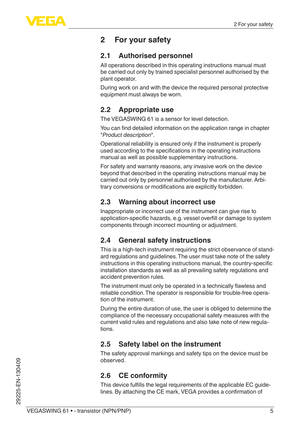 2 for your safety | VEGA VEGASWING 61 - transistor (NPN-PNP) User Manual | Page 5 / 36