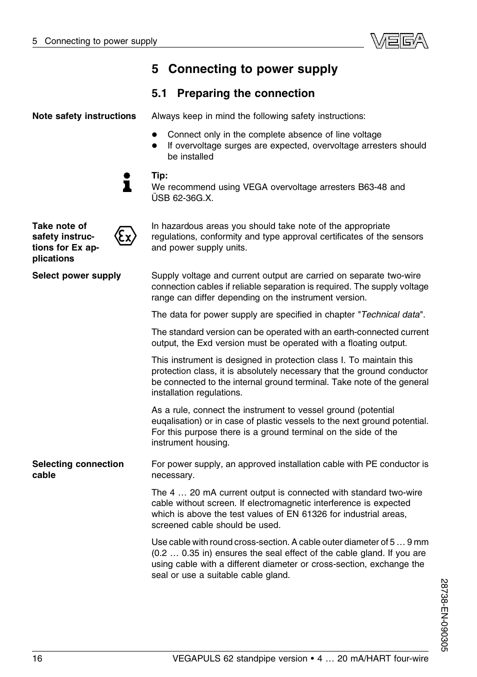 5 connecting to power supply, 1 preparing the connection | VEGA VEGAPULS 62 (≥ 2.0.0 - ≤ 3.8) standpipe ver. 4 … 20 mA_HART four-wire User Manual | Page 16 / 52