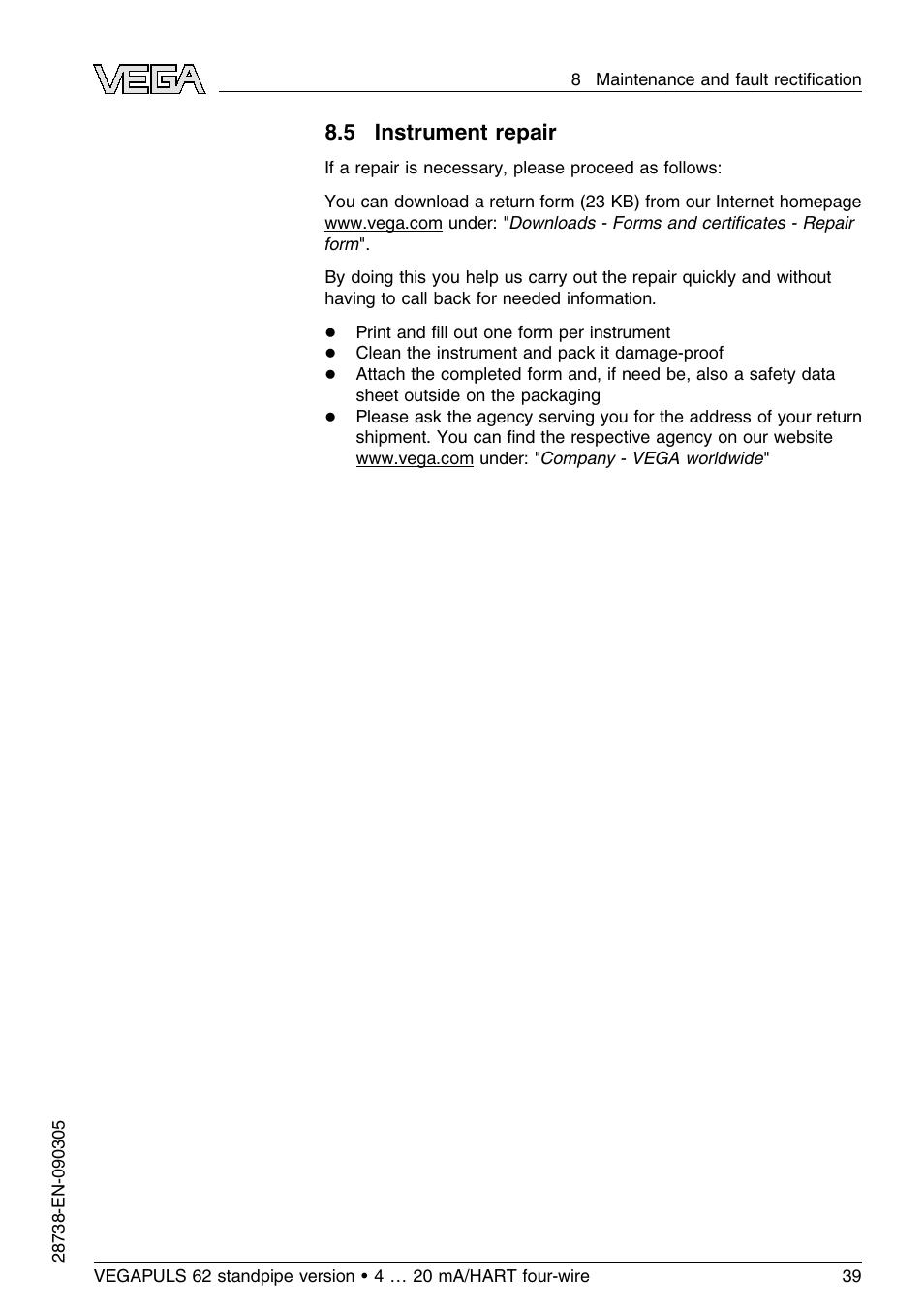 5 instrument repair | VEGA VEGAPULS 62 (≥ 2.0.0 - ≤ 3.8) standpipe ver. 4 … 20 mA_HART four-wire User Manual | Page 39 / 52