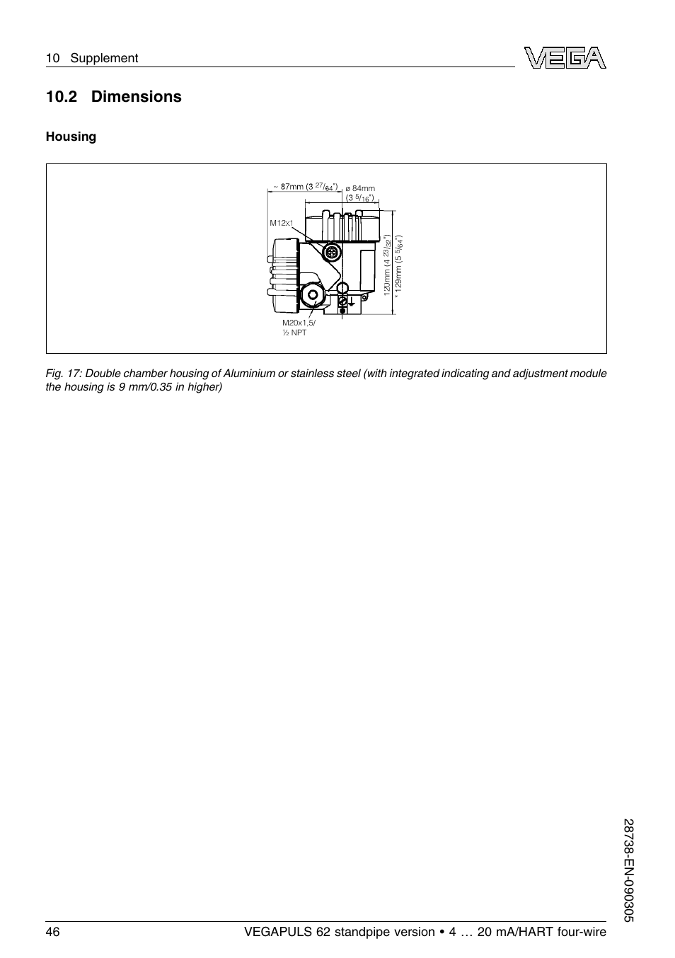 2 dimensions, Housing | VEGA VEGAPULS 62 (≥ 2.0.0 - ≤ 3.8) standpipe ver. 4 … 20 mA_HART four-wire User Manual | Page 46 / 52