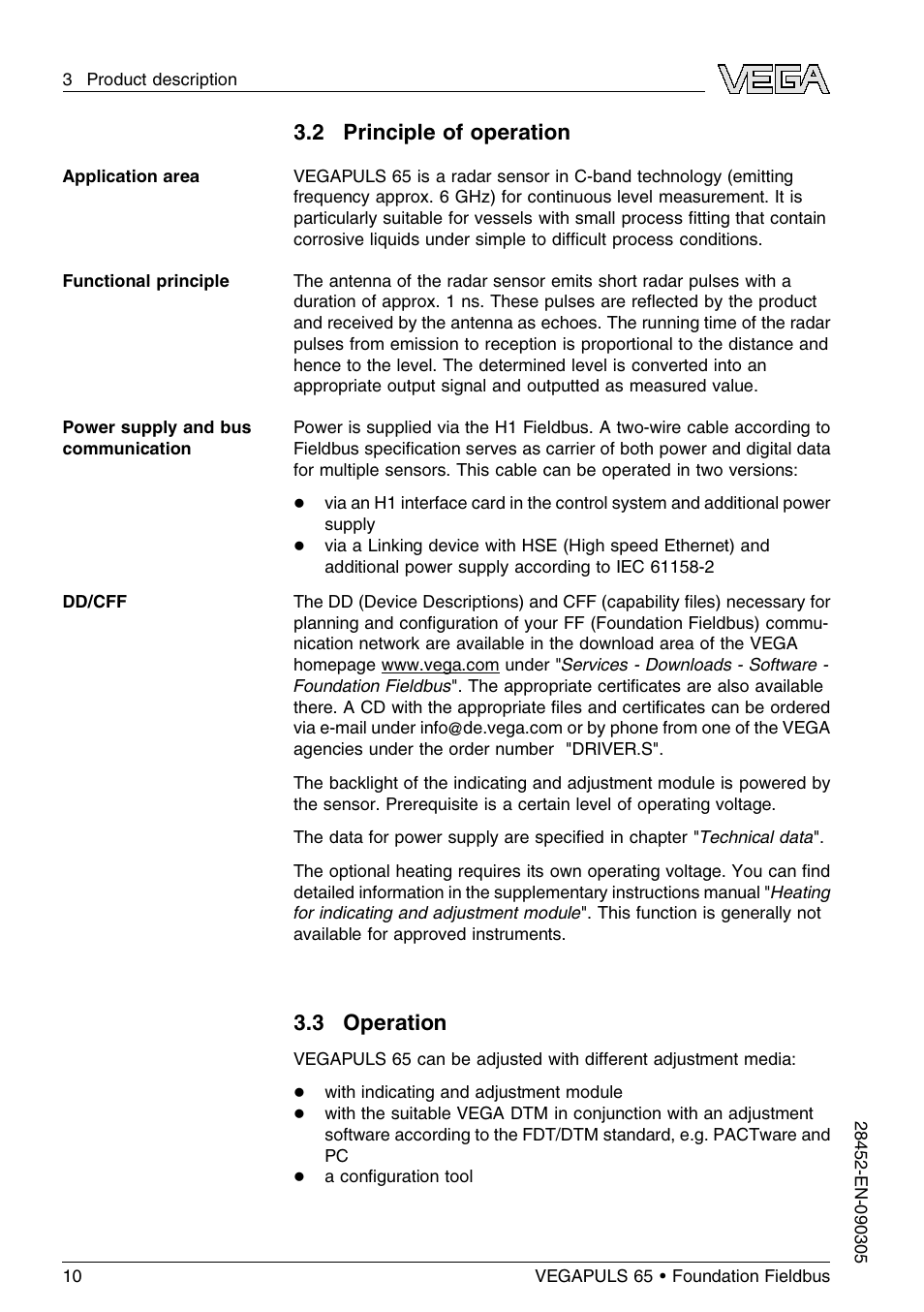 2 principle of operation, 3 operation | VEGA VEGAPULS 65 (≥ 2.0.0 - ≤ 3.8) Foundation Fieldbus User Manual | Page 10 / 64