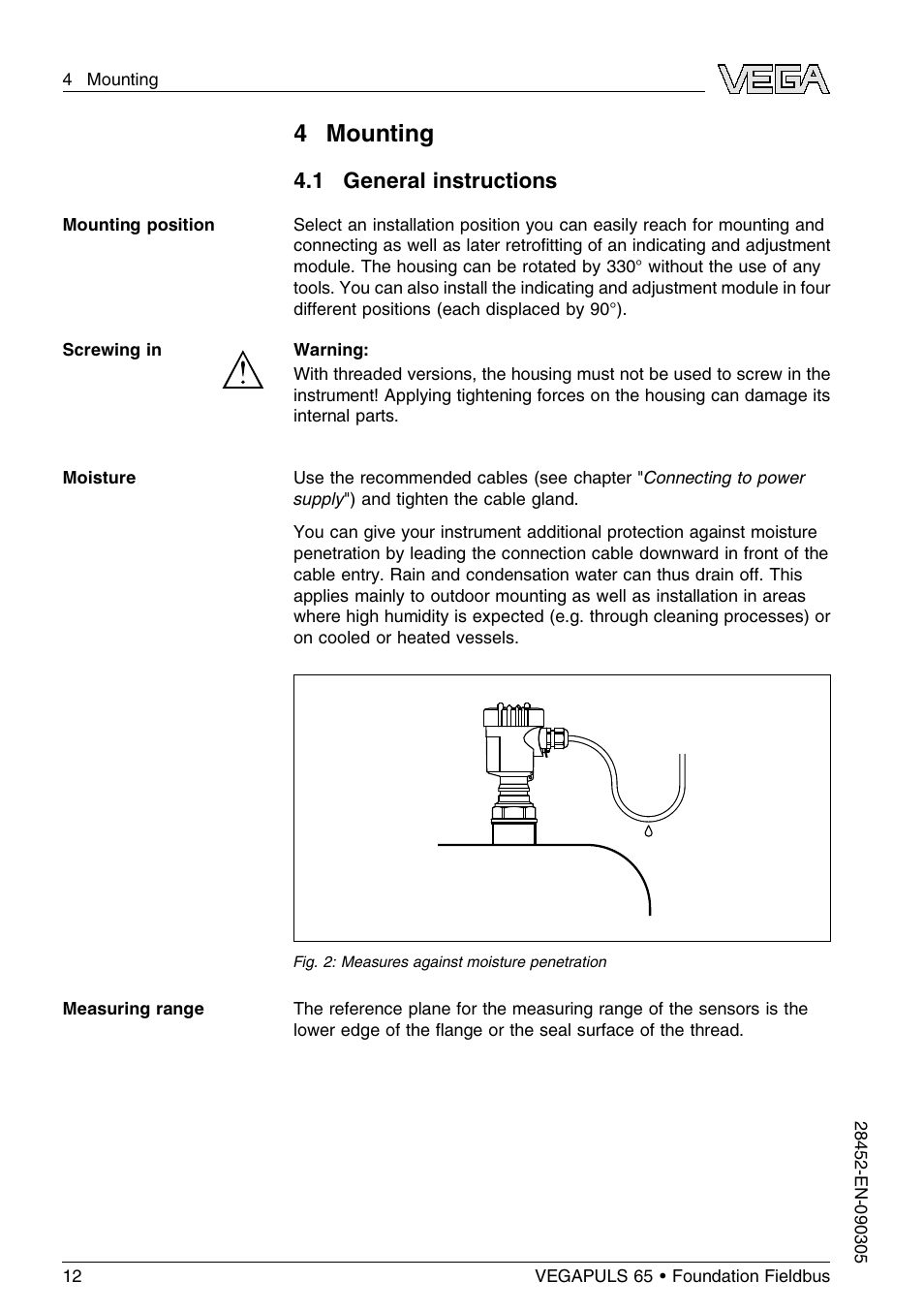 4 mounting, 1 general instructions | VEGA VEGAPULS 65 (≥ 2.0.0 - ≤ 3.8) Foundation Fieldbus User Manual | Page 12 / 64