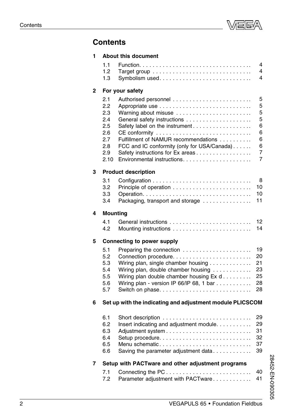 VEGA VEGAPULS 65 (≥ 2.0.0 - ≤ 3.8) Foundation Fieldbus User Manual | Page 2 / 64