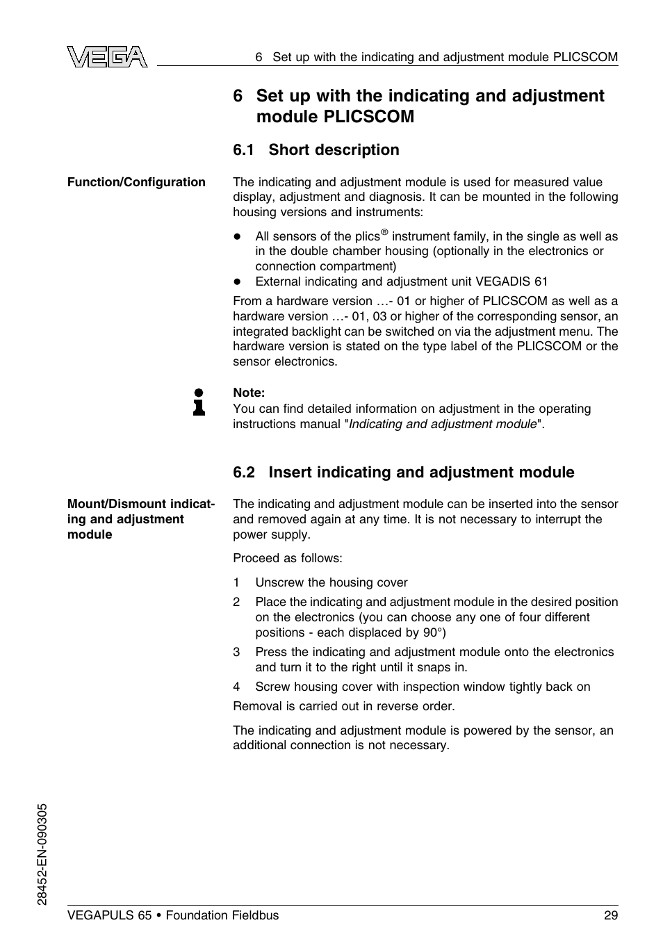1 short description, 2 insert indicating and adjustment module | VEGA VEGAPULS 65 (≥ 2.0.0 - ≤ 3.8) Foundation Fieldbus User Manual | Page 29 / 64