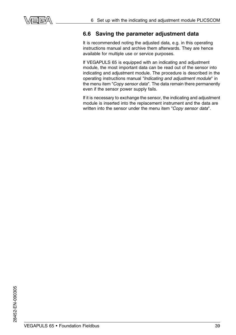 6 saving the parameter adjustment data | VEGA VEGAPULS 65 (≥ 2.0.0 - ≤ 3.8) Foundation Fieldbus User Manual | Page 39 / 64