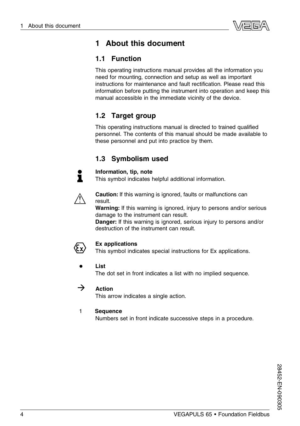 1 about this document, 1 function, 2 target group | 3 symbolism used | VEGA VEGAPULS 65 (≥ 2.0.0 - ≤ 3.8) Foundation Fieldbus User Manual | Page 4 / 64