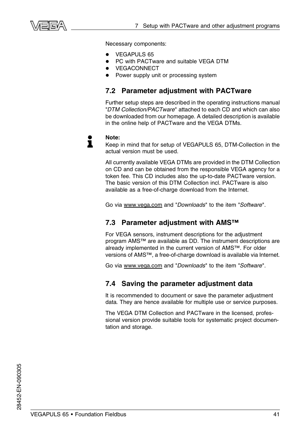 2 parameter adjustment with pactware, 3 parameter adjustment with ams, 4 saving the parameter adjustment data | VEGA VEGAPULS 65 (≥ 2.0.0 - ≤ 3.8) Foundation Fieldbus User Manual | Page 41 / 64