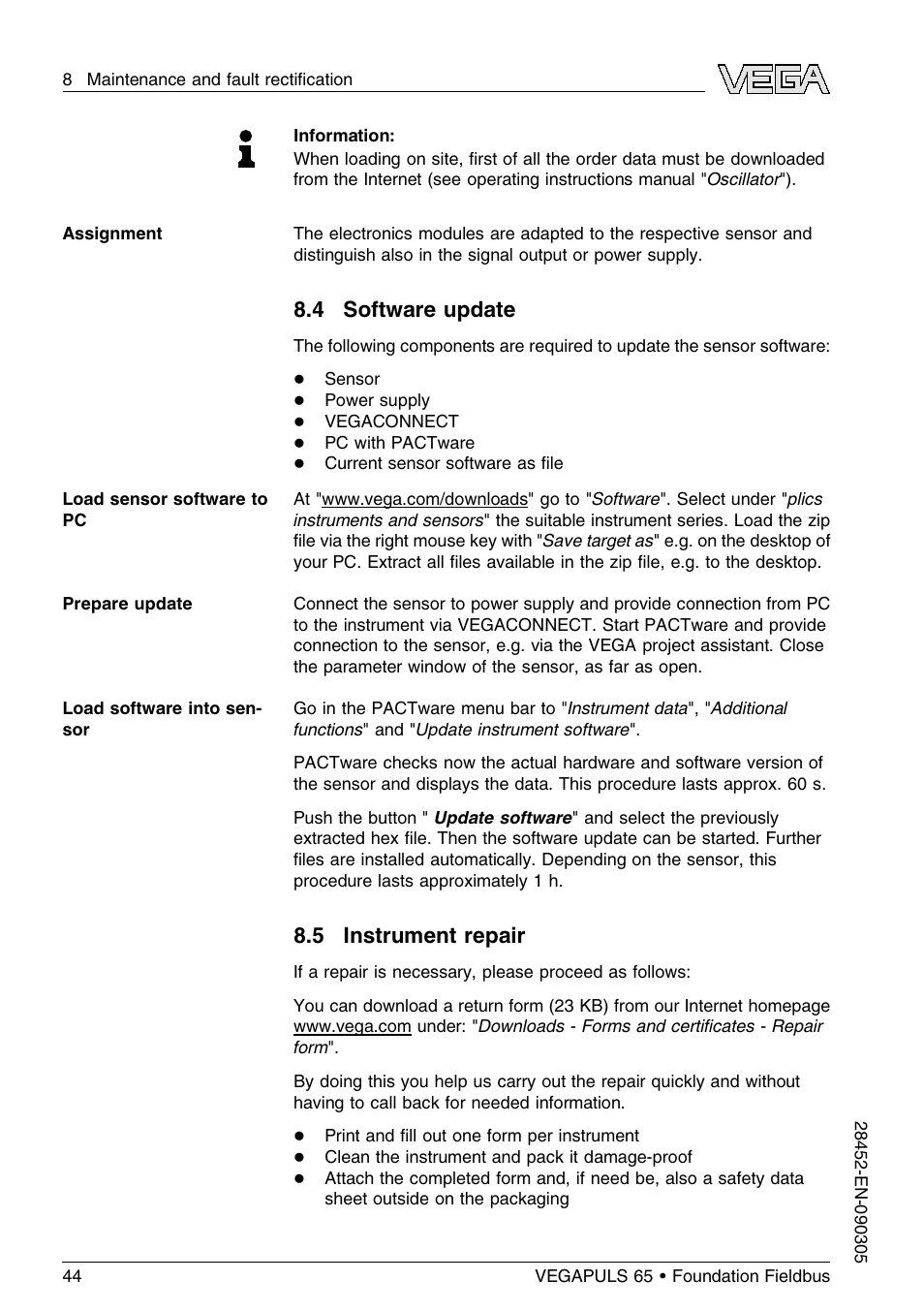 4 software update, 5 instrument repair | VEGA VEGAPULS 65 (≥ 2.0.0 - ≤ 3.8) Foundation Fieldbus User Manual | Page 44 / 64