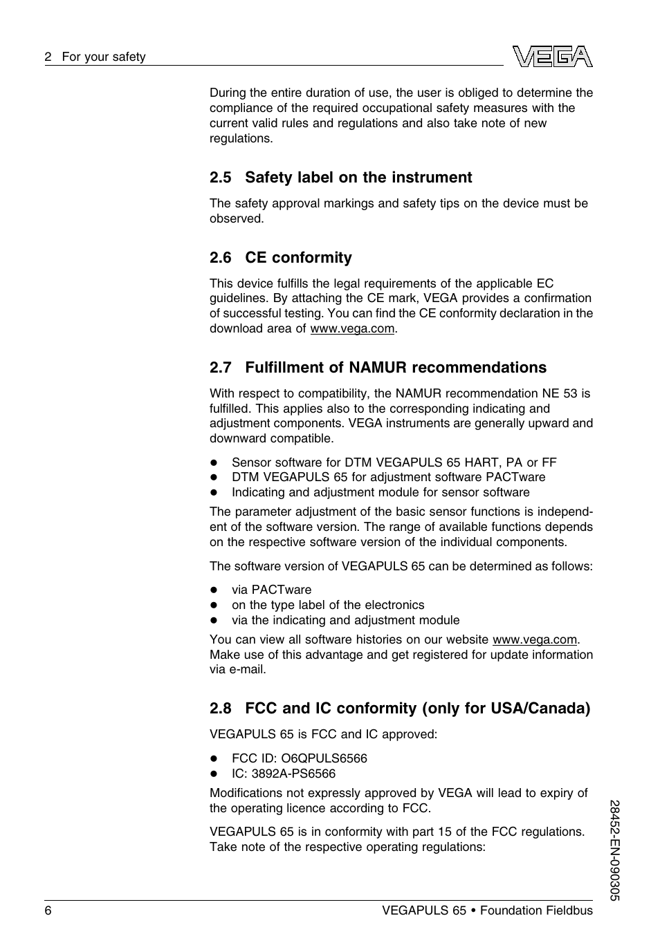 5 safety label on the instrument, 6 ce conformity, 7 fulfillment of namur recommendations | 8 fcc and ic conformity (only for usa/canada), 7 fulﬁllment of namur recommendations | VEGA VEGAPULS 65 (≥ 2.0.0 - ≤ 3.8) Foundation Fieldbus User Manual | Page 6 / 64