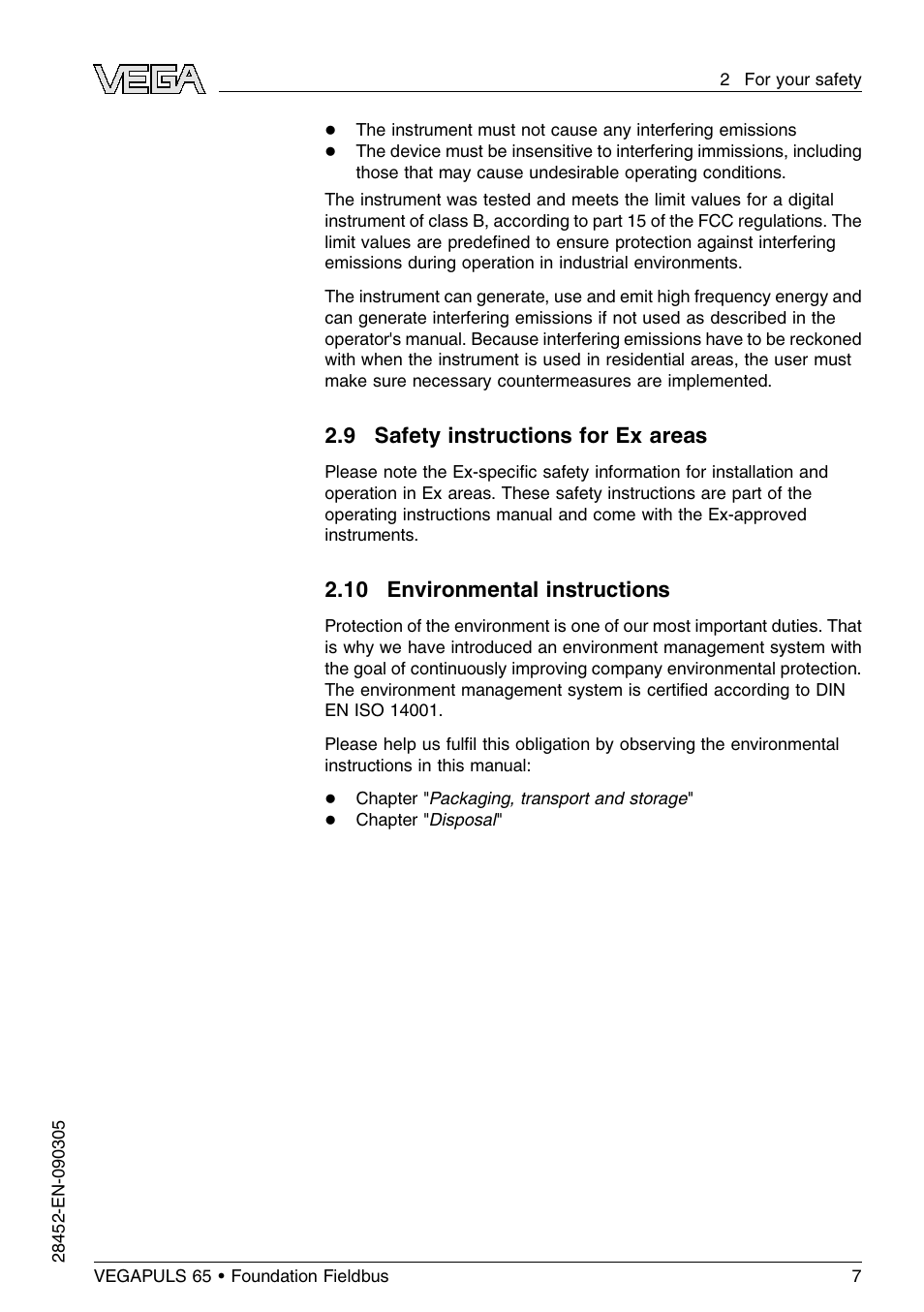 9 safety instructions for ex areas, 10 environmental instructions | VEGA VEGAPULS 65 (≥ 2.0.0 - ≤ 3.8) Foundation Fieldbus User Manual | Page 7 / 64