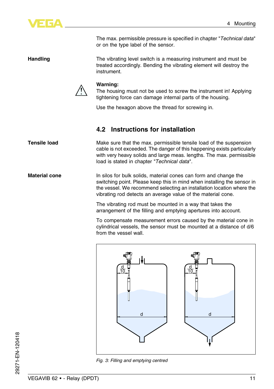 2 instructions for installation | VEGA VEGAVIB 62 - Relay (DPDT) User Manual | Page 11 / 32