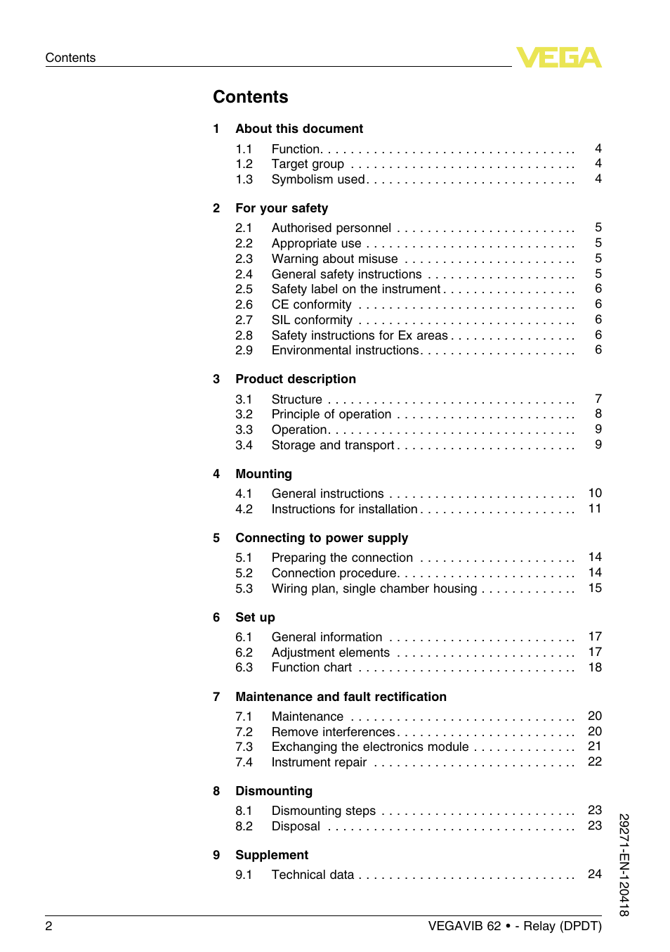 VEGA VEGAVIB 62 - Relay (DPDT) User Manual | Page 2 / 32