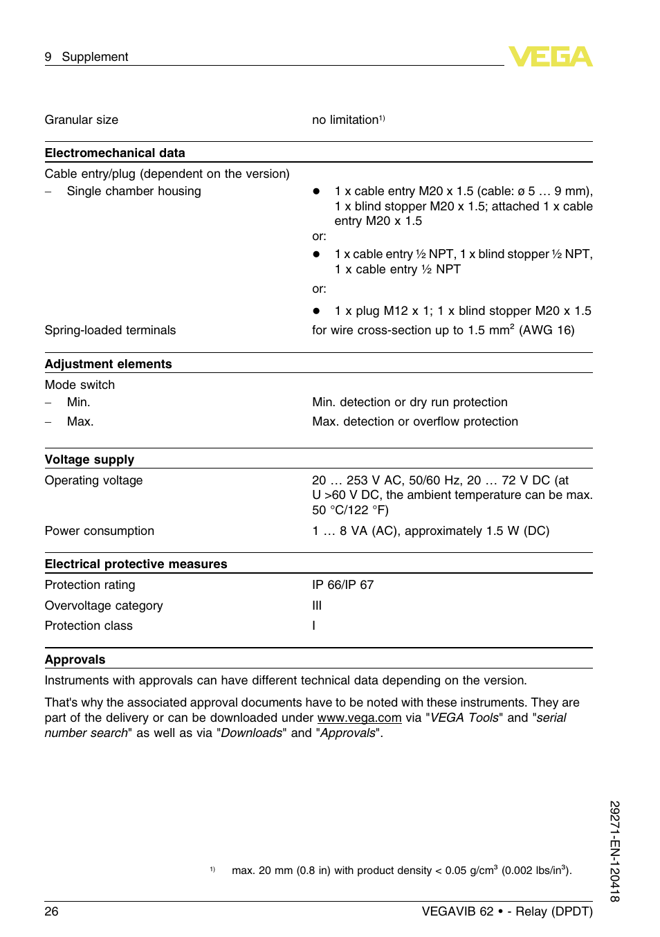 VEGA VEGAVIB 62 - Relay (DPDT) User Manual | Page 26 / 32