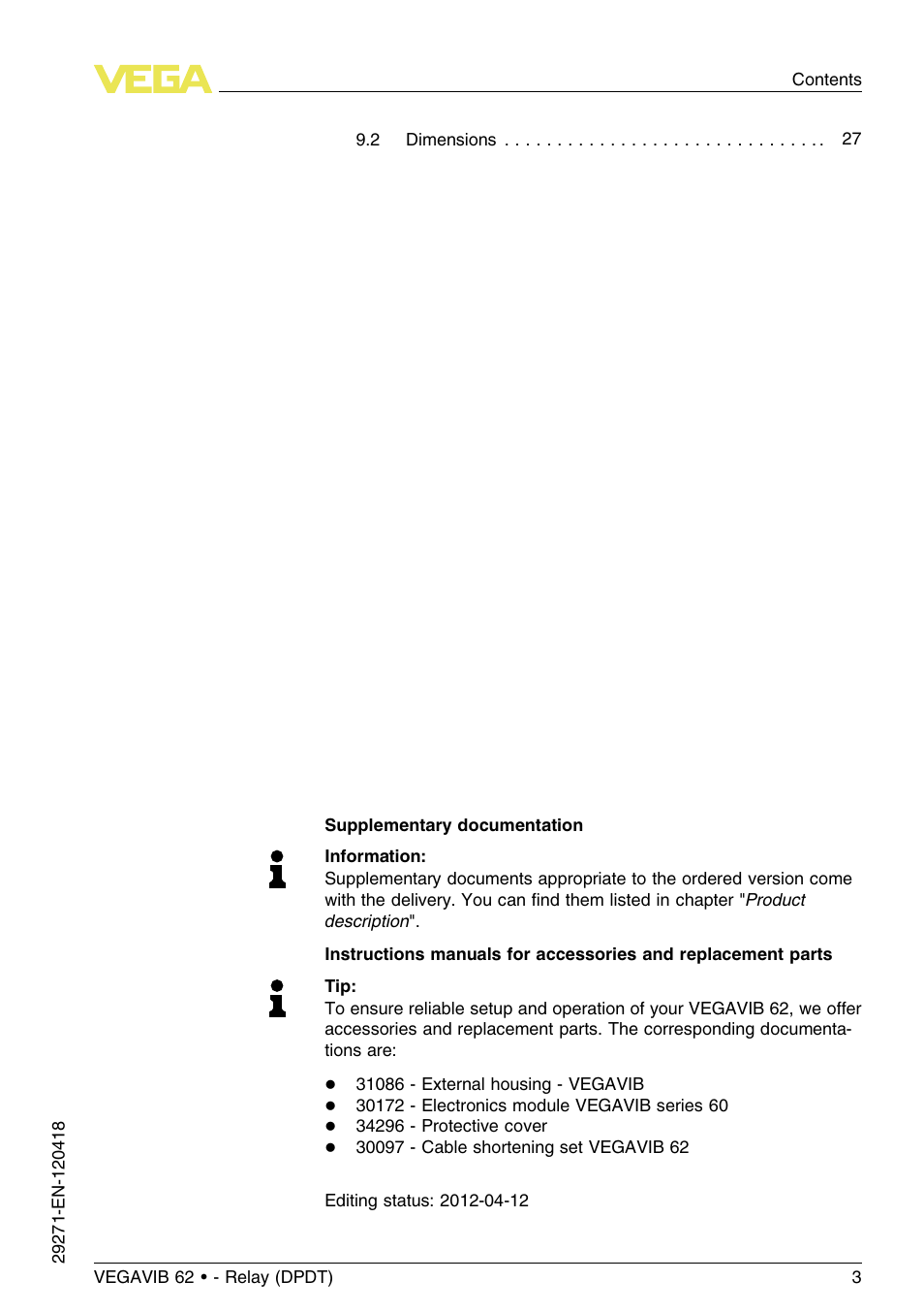 VEGA VEGAVIB 62 - Relay (DPDT) User Manual | Page 3 / 32