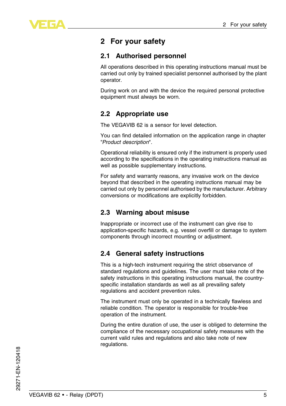 2 for your safety, 1 authorised personnel, 2 appropriate use | 3 warning about misuse, 4 general safety instructions, 2for your safety | VEGA VEGAVIB 62 - Relay (DPDT) User Manual | Page 5 / 32