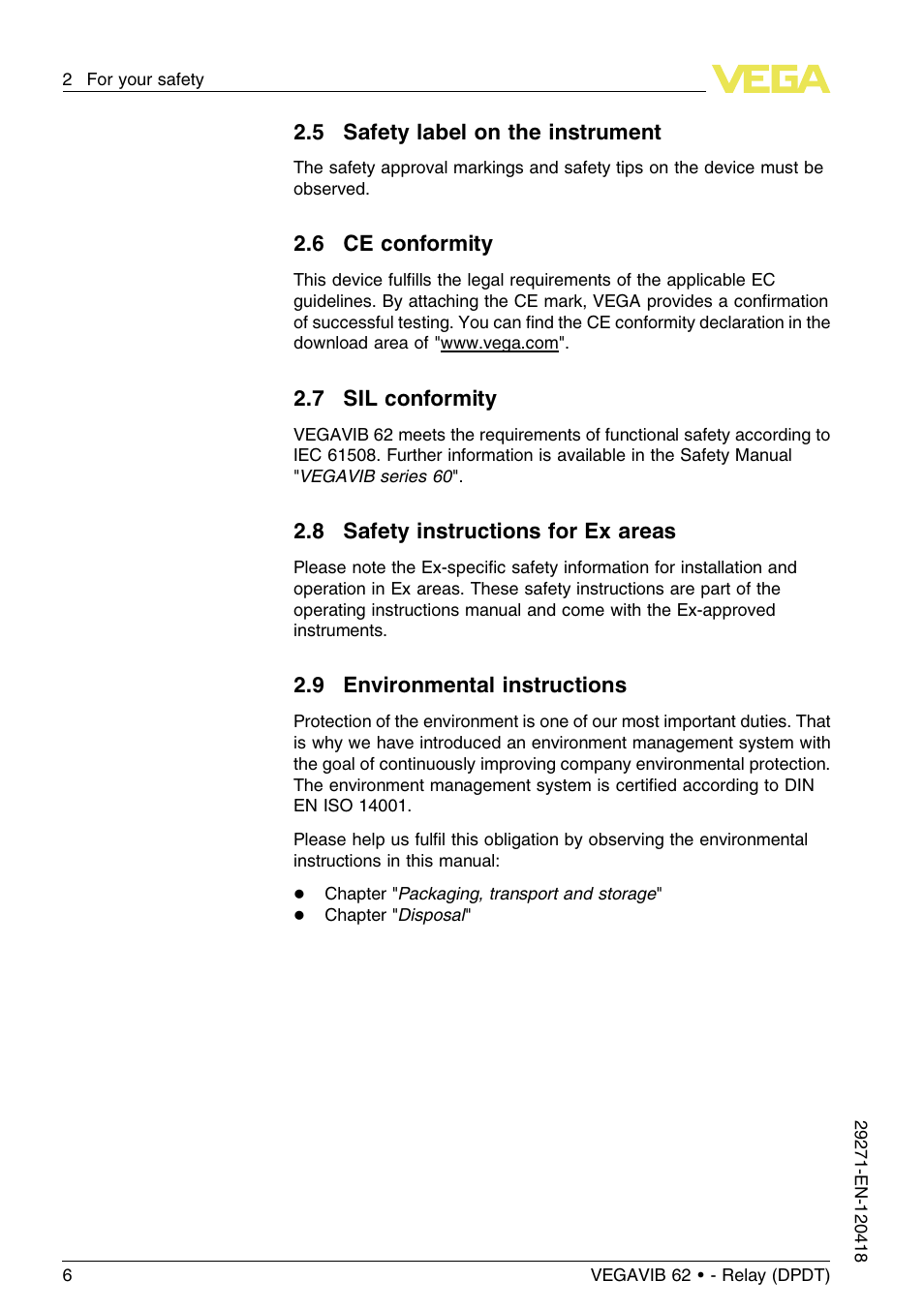 5 safety label on the instrument, 6 ce conformity, 7 sil conformity | 8 safety instructions for ex areas, 9 environmental instructions | VEGA VEGAVIB 62 - Relay (DPDT) User Manual | Page 6 / 32