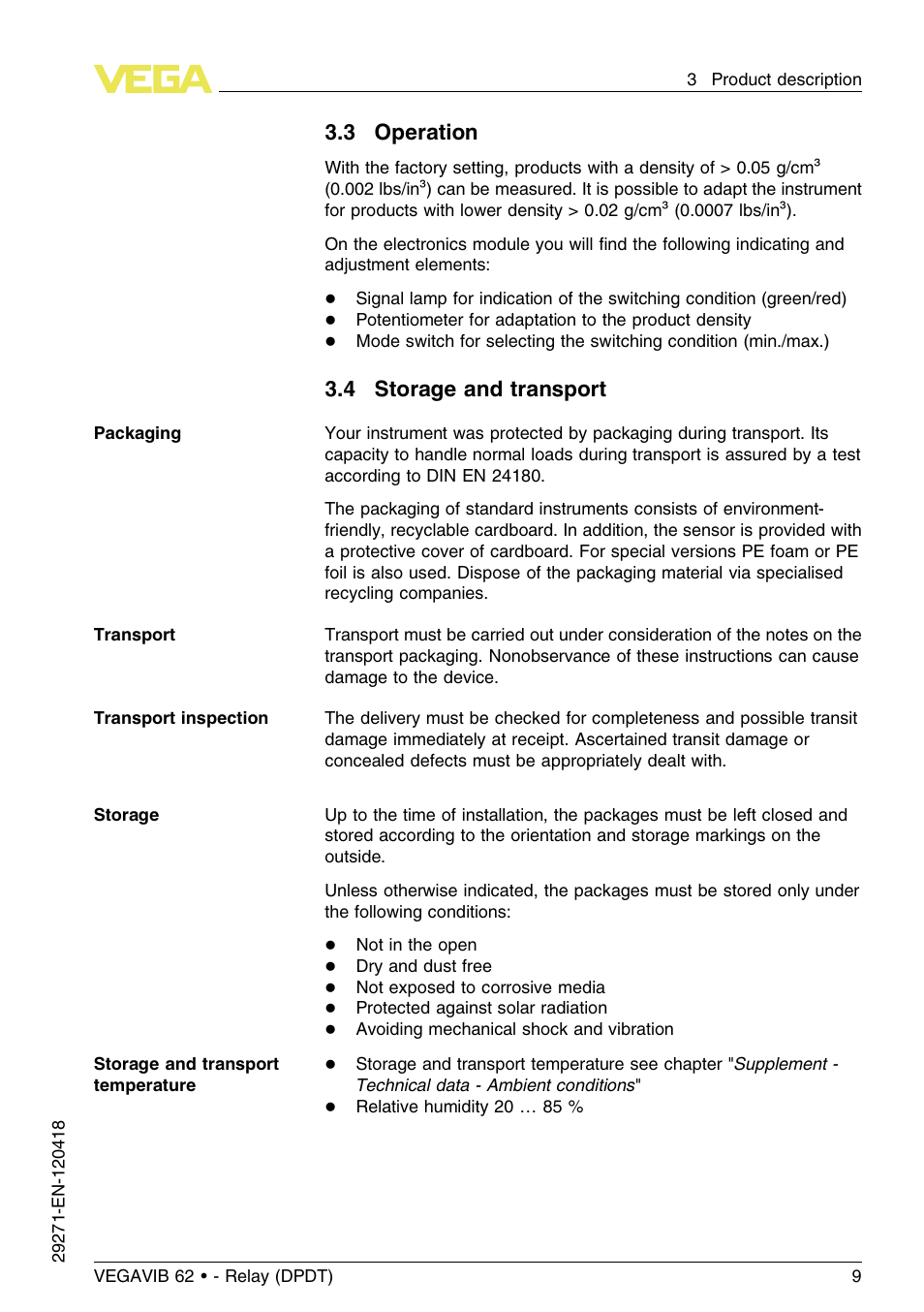 3 operation, 4 storage and transport | VEGA VEGAVIB 62 - Relay (DPDT) User Manual | Page 9 / 32