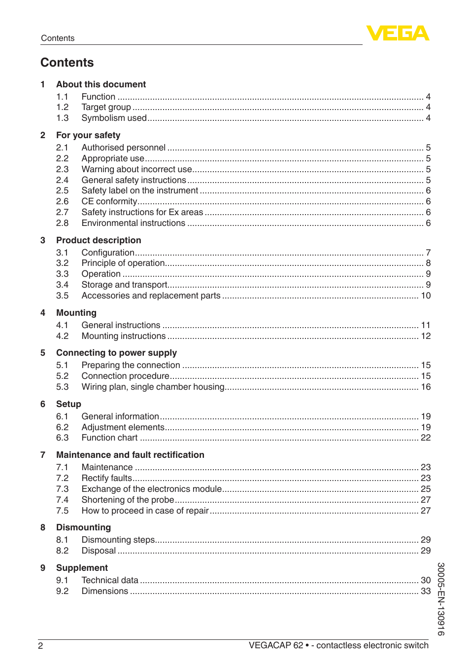 VEGA VEGACAP 62 - contactless electronic switch User Manual | Page 2 / 40