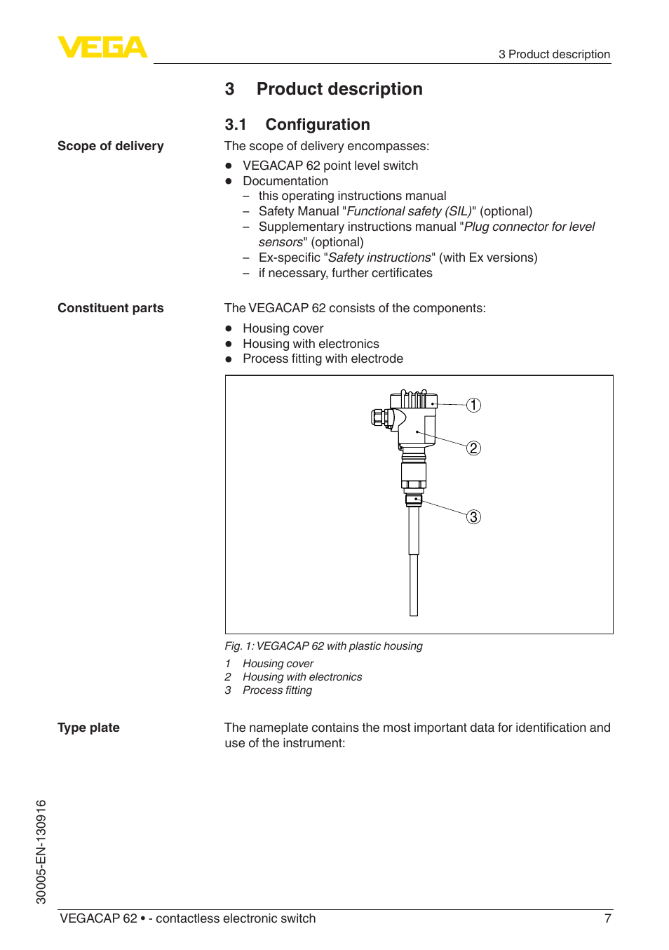 3 product description, 1 configuration | VEGA VEGACAP 62 - contactless electronic switch User Manual | Page 7 / 40