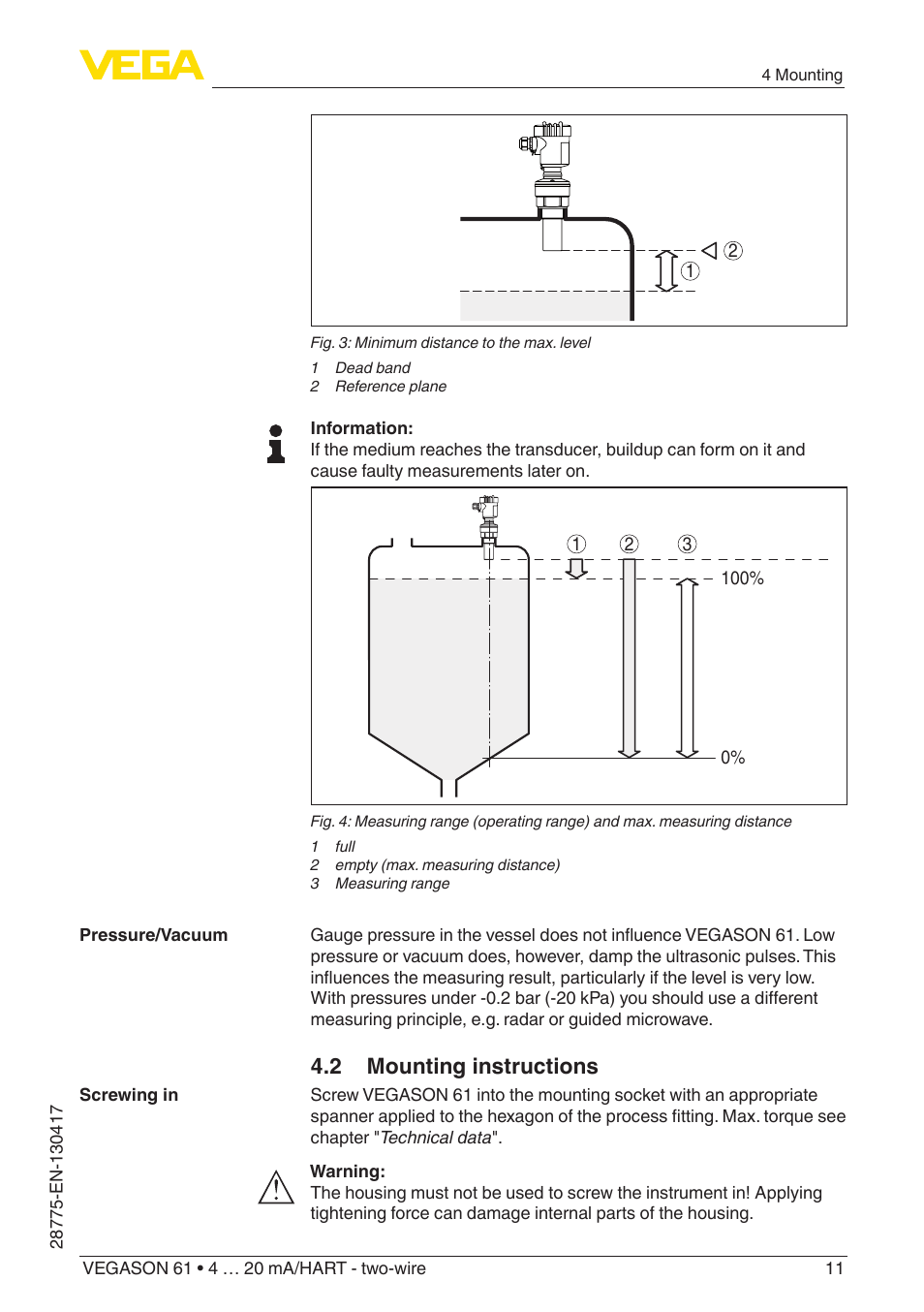 2 mounting instructions | VEGA VEGASON 61 4 … 20 mA_HART - two-wire User Manual | Page 11 / 52